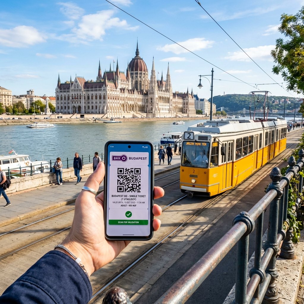 부다페스트의 노란색 트램 옆에서 BudapestGO 앱을 사용하여 BKK 모바일 티켓을 스캔하는 여행자