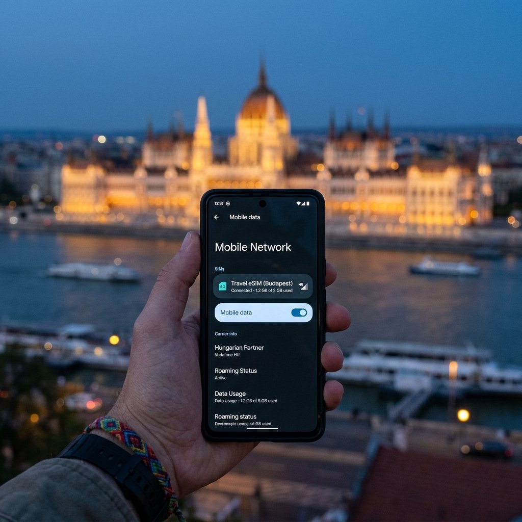 부다페스트 국회의사당을 배경으로 TravelyData eSIM 데이터 활성화 화면을 보여주는 스마트폰