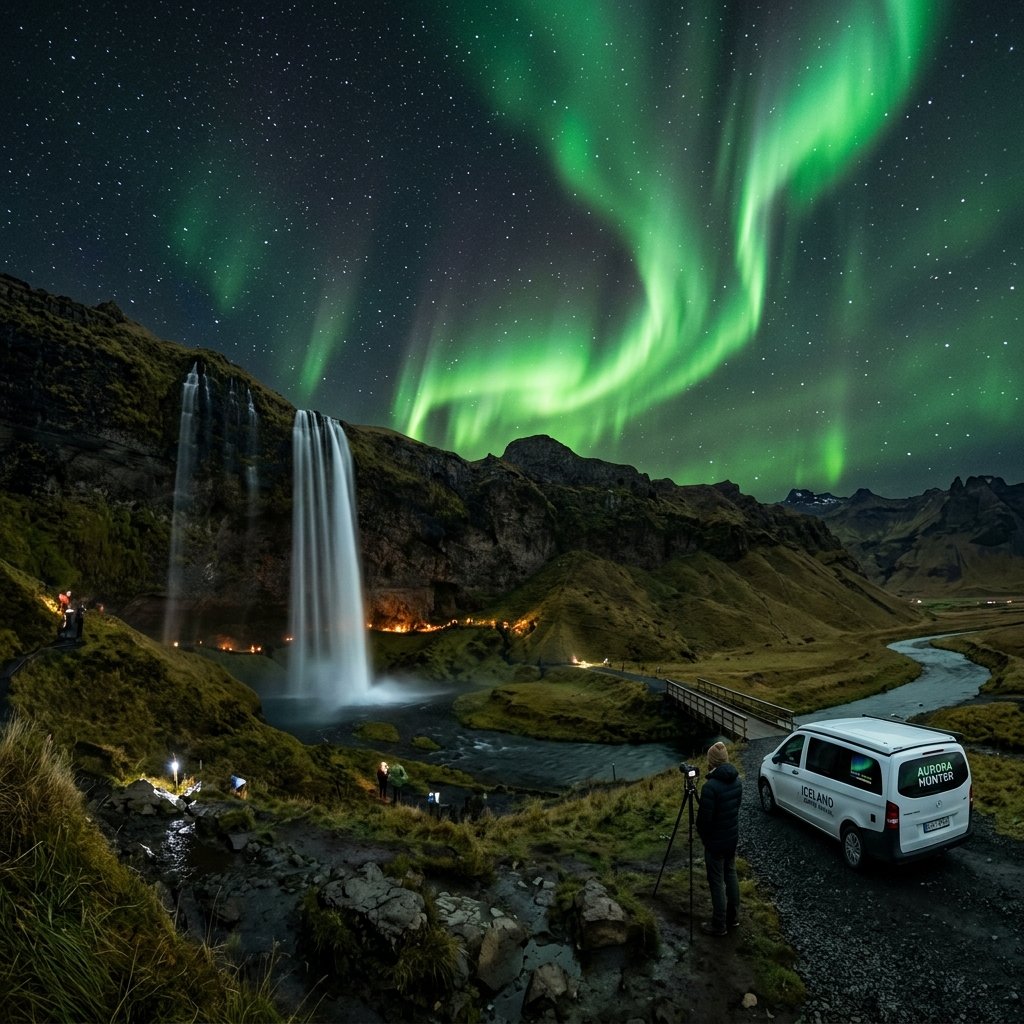 Guia de viagem de autocaravana na Islândia com a cascata Seljalandsfoss e auroras boreais