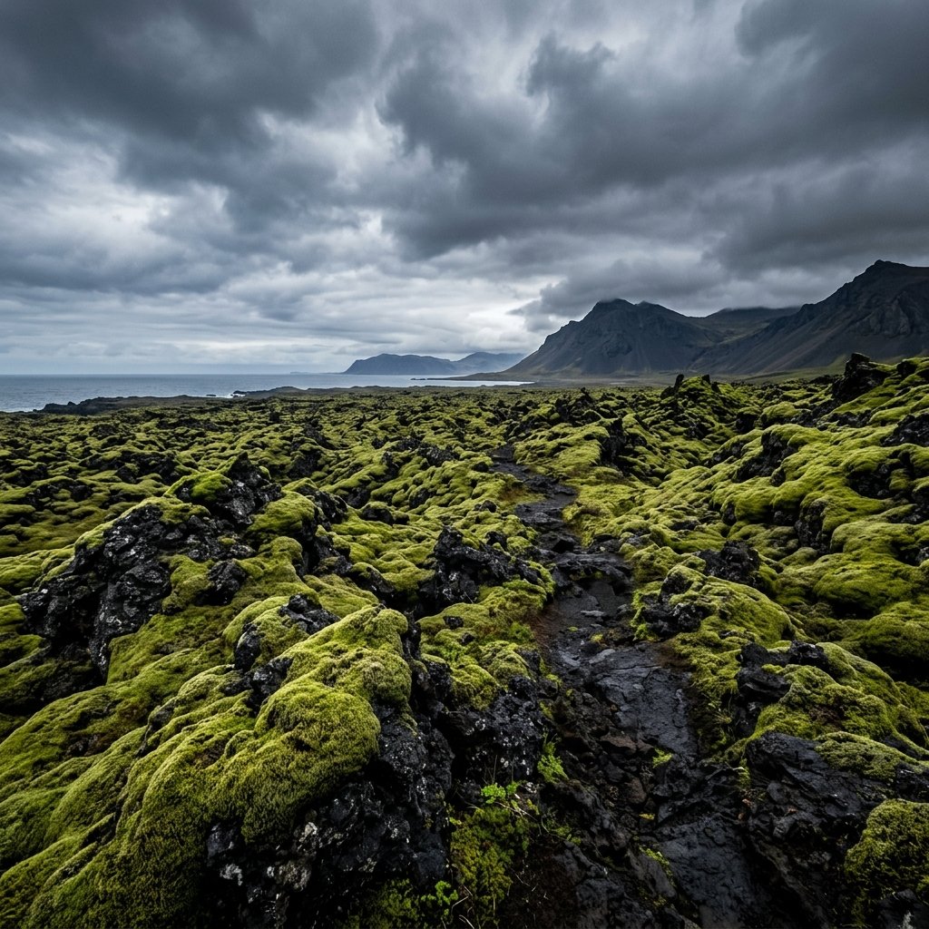 Paisagem frágil de musgo verde vulcânico protegido na Islândia