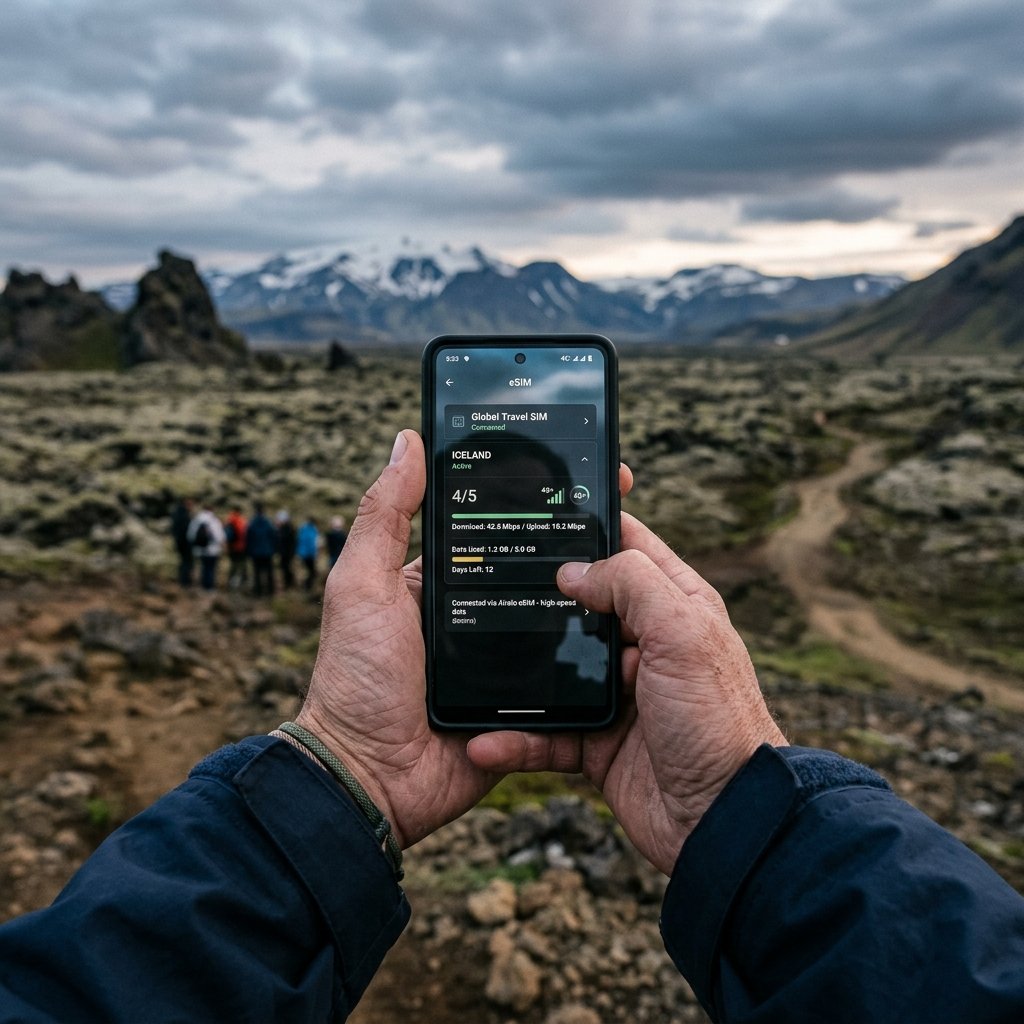 Ligação móvel de alta velocidade na Islândia usando um eSIM de viagem no smartphone