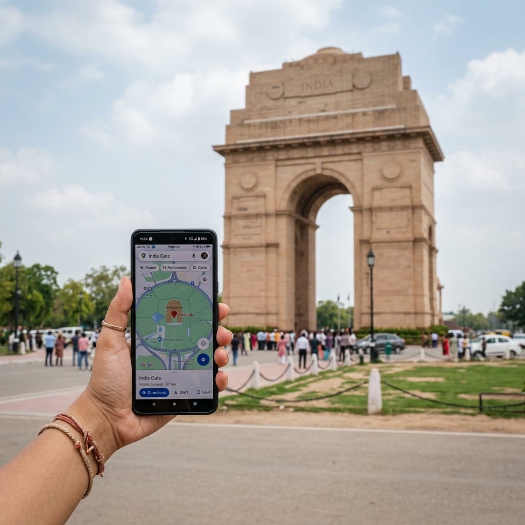 ニューデリーの歴史的なインド門を背景に、強い5G接続シグナルが表示された最新のスマートフォンを手にする観光客