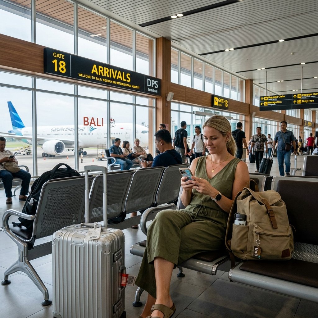 Touriste international consultant son smartphone à la porte des arrivées modernes de l'aéroport Ngurah Rai