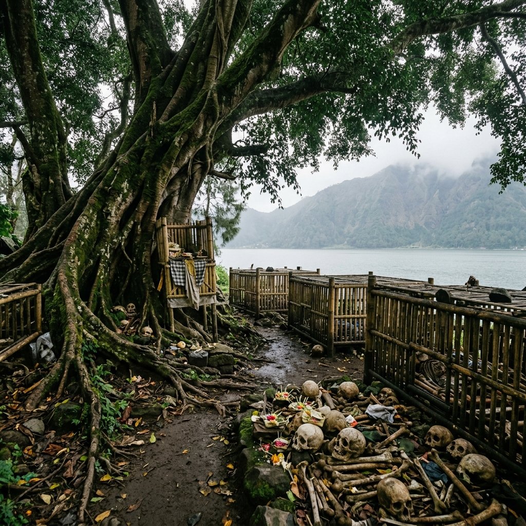 Le cimetière ancestral de Trunyan au bord du lac Batur, avec des crânes et des cages en bambou sous l'arbre sacré Taru Menyan