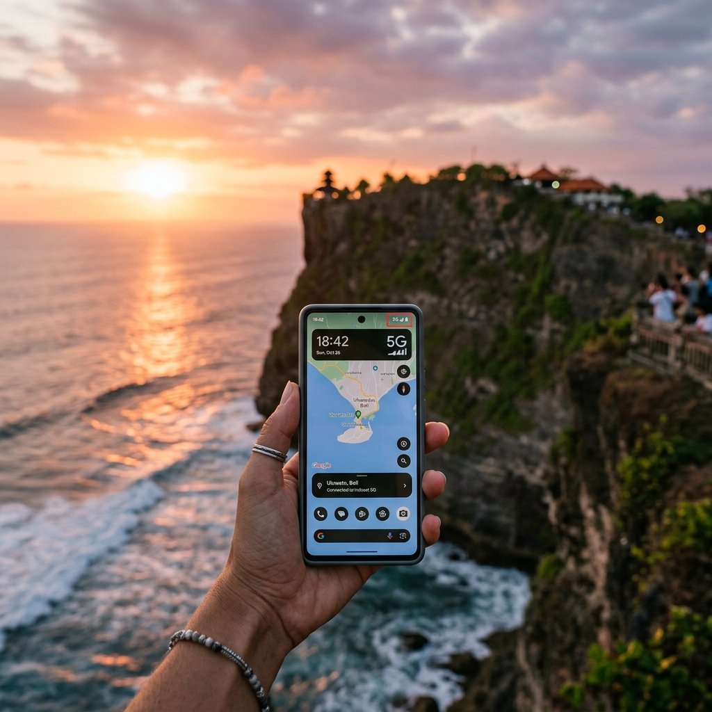 Un touriste tenant un smartphone affichant une connexion 5G avec le magnifique temple d'Uluwatu au coucher du soleil en arrière-plan