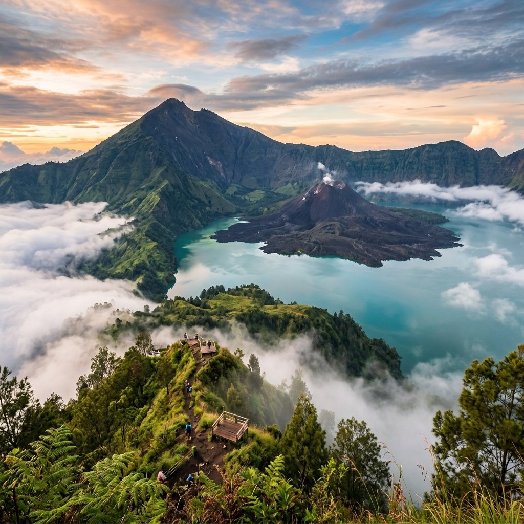 Vue aérienne panoramique d'un lac volcanique pittoresque à Bali, en Indonésie, entouré de montagnes verdoyantes et de nuages brumeux