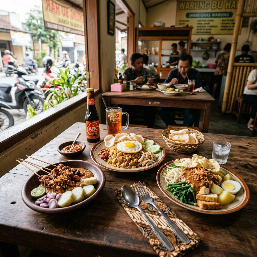 Une table de warung indonésien traditionnel avec des assiettes de nasi goreng, satay de poulet et gado-gado