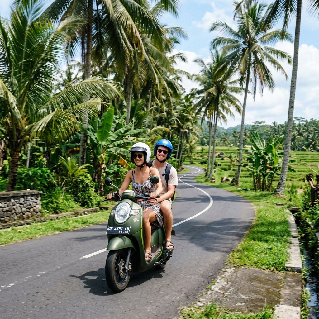 Touristes portant des casques à scooter sur une route pittoresque bordée de palmiers à Bali