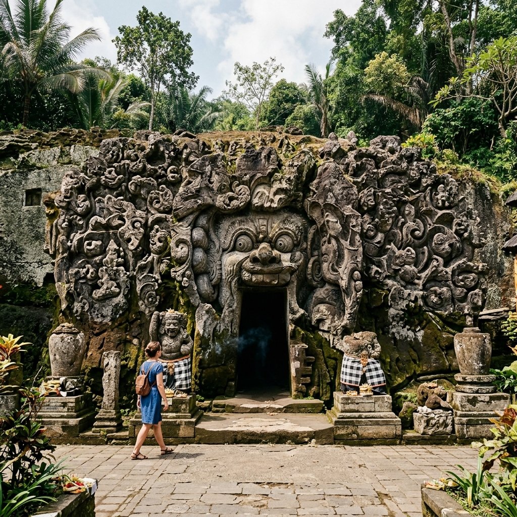 L'entrée emblématique sculptée d'un visage de démon de la grotte de l'éléphant Goa Gajah à Bali