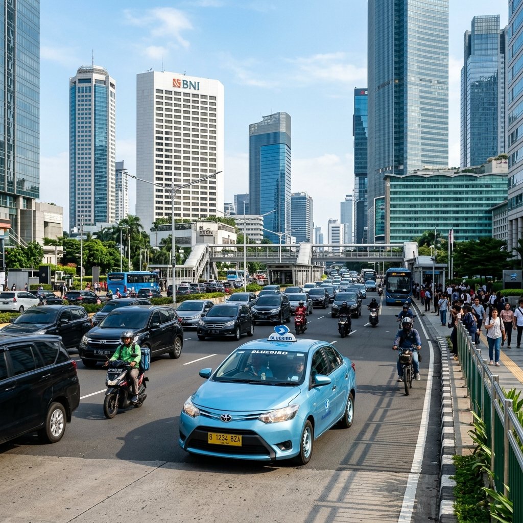 Un taxi Bluebird officiel et propre circulant dans une rue de Jakarta avec des gratte-ciels modernes en arrière-plan