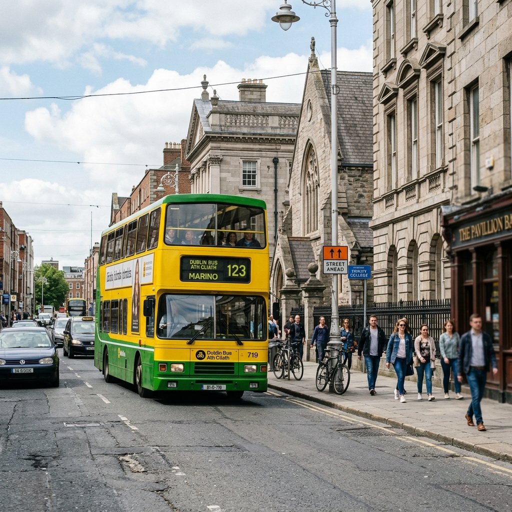 A classic double-decker Dublin Bus driving through downtown Dublin streets
