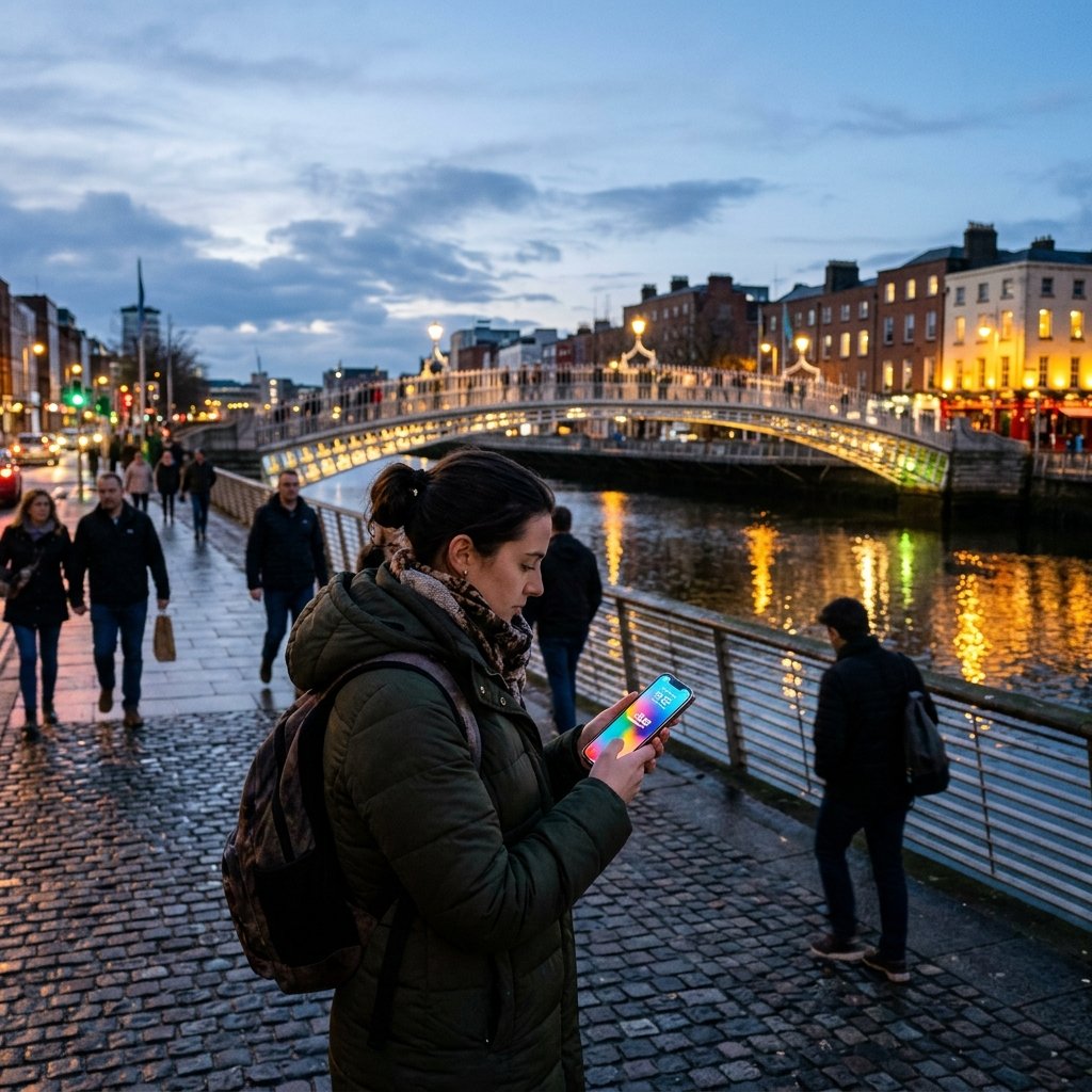 A tourist hand holding a modern smartphone displaying high-speed 5G network coverage