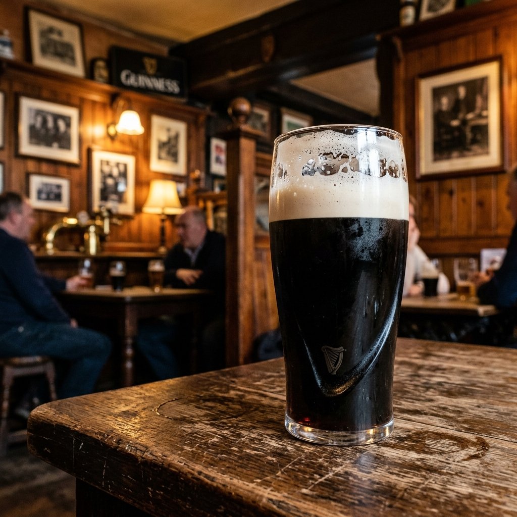 A pint of Guinness stout being served on the bar counter inside a historic Dublin pub