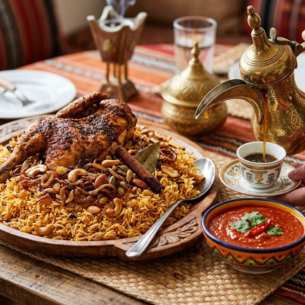 A plate of traditional Kuwaiti Machboos rice and meat served with tomato sauce