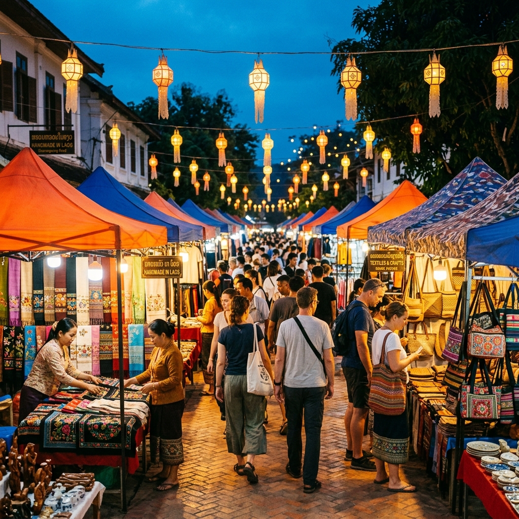 Cena de rua em Vientiane com transportes locais e templos