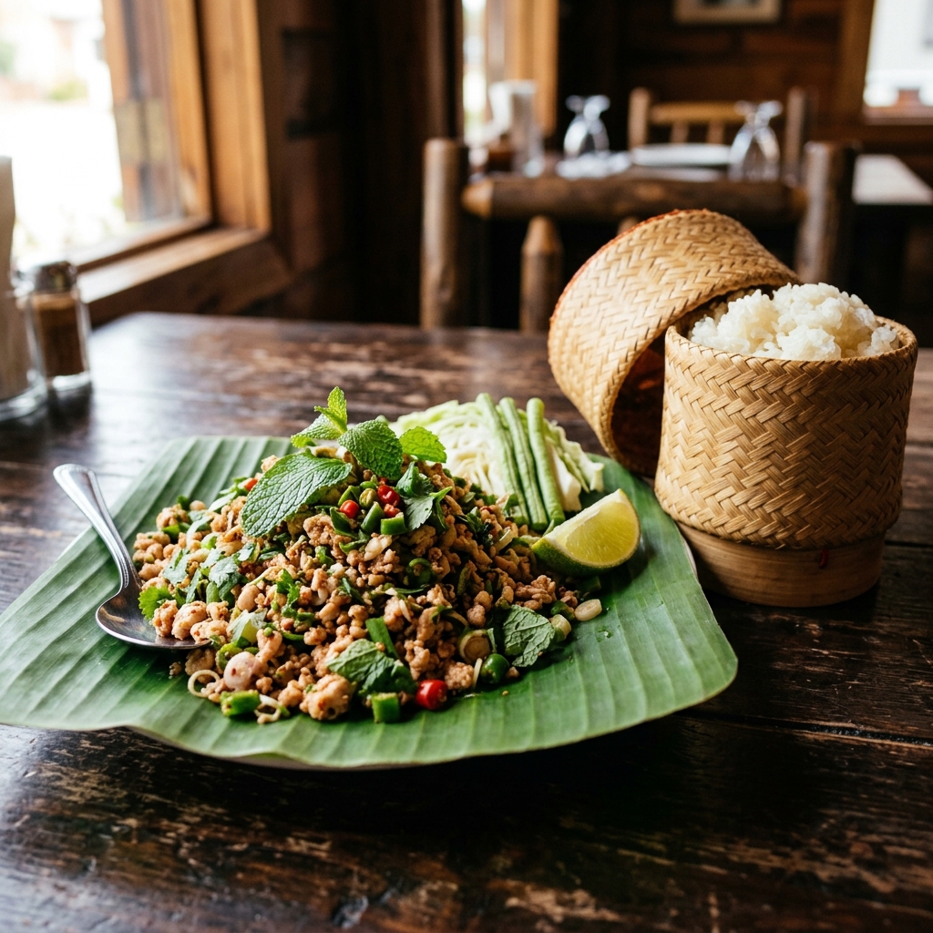 Gastronomia tradicional laociana com Larb e arroz Khao Niew