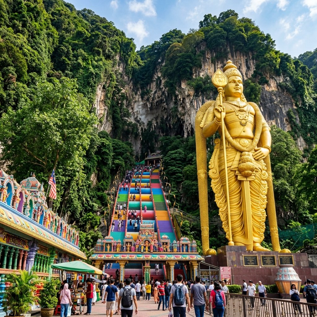 Escadas coloridas e estátua de Batu Caves na Malásia