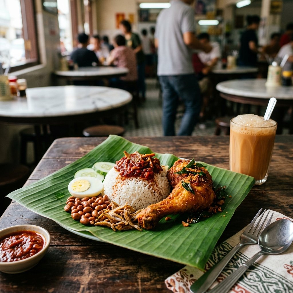 Prato de Nasi Lemak e Teh Tarik na Malásia