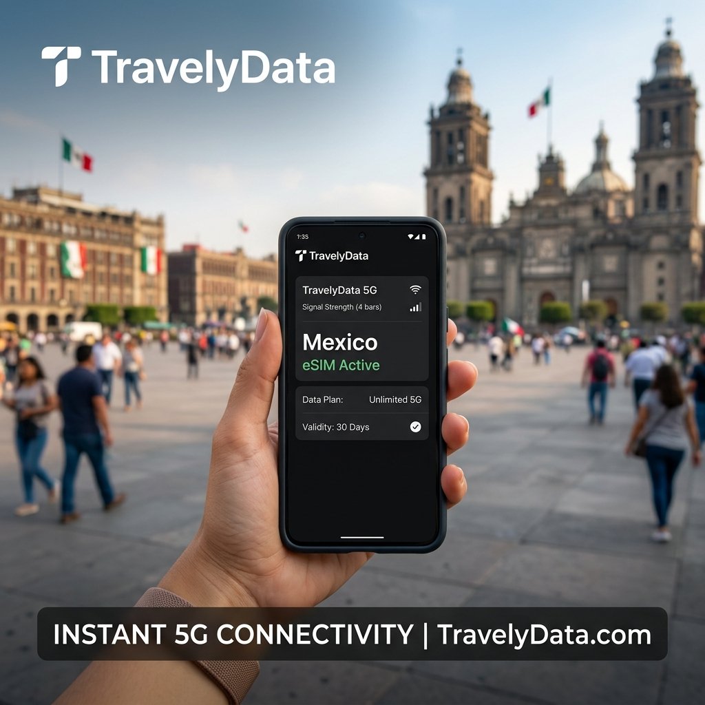 eSIM connectivity and Zocalo plaza in Mexico