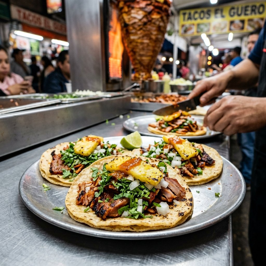 Delicious tacos al pastor being prepared at a street food stand in Mexico