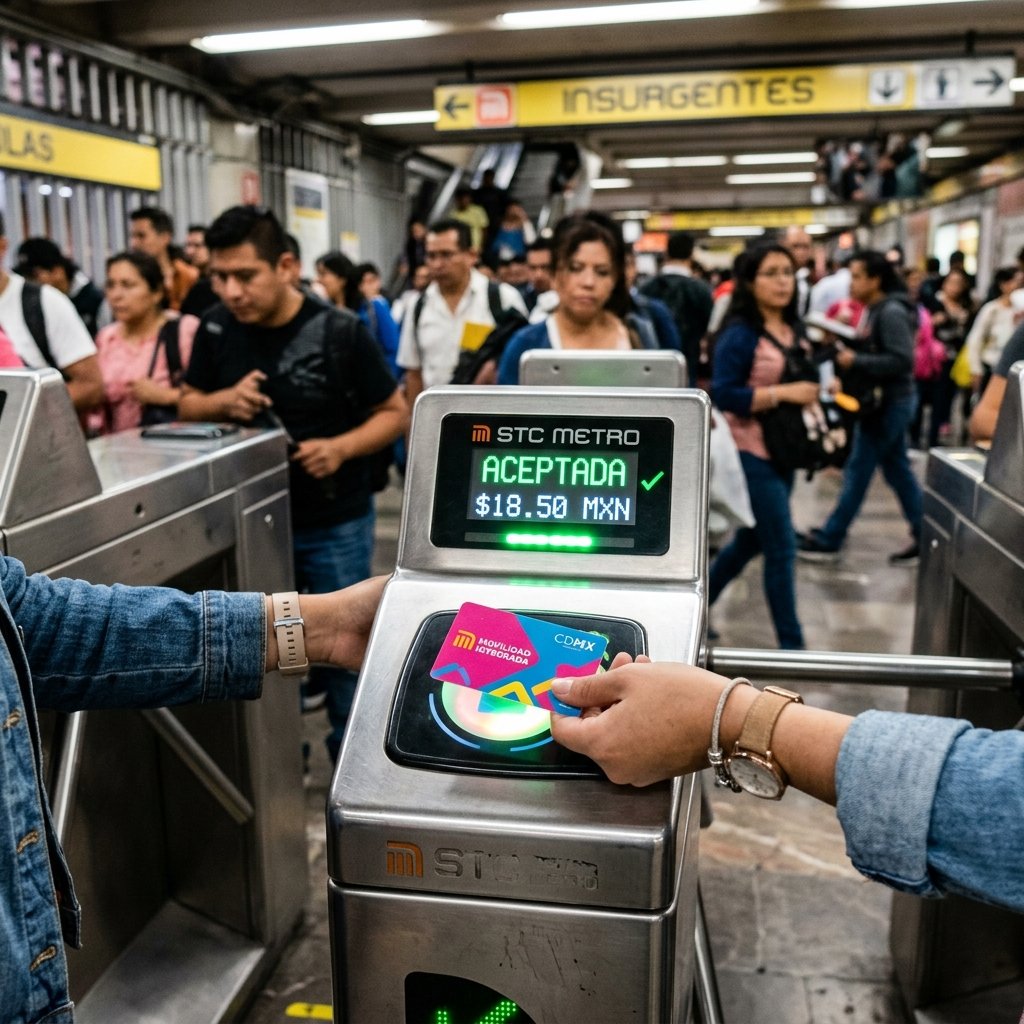 Tapping a Tarjeta MI card on a turnstile gate in Mexico City Metro