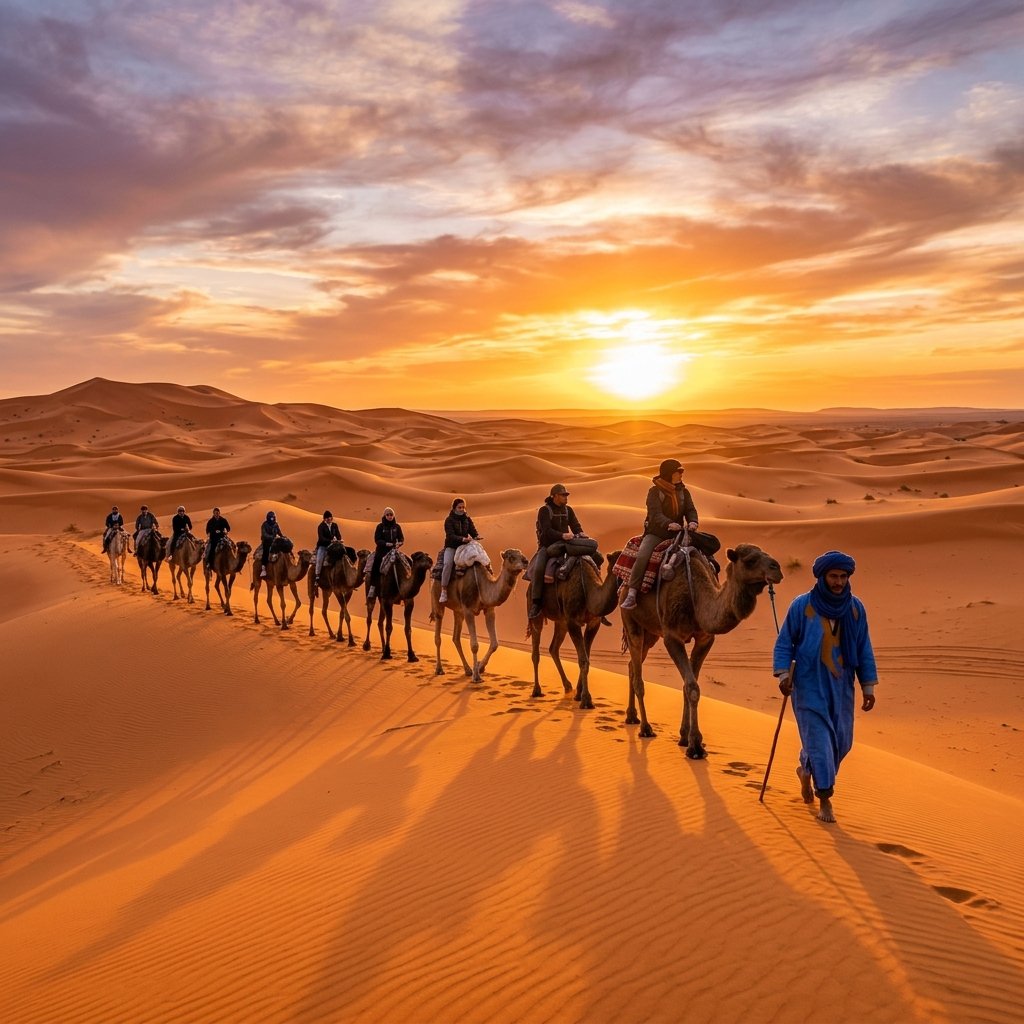 Camel caravan walking along the orange sand dunes of the Sahara Desert in Morocco at sunset