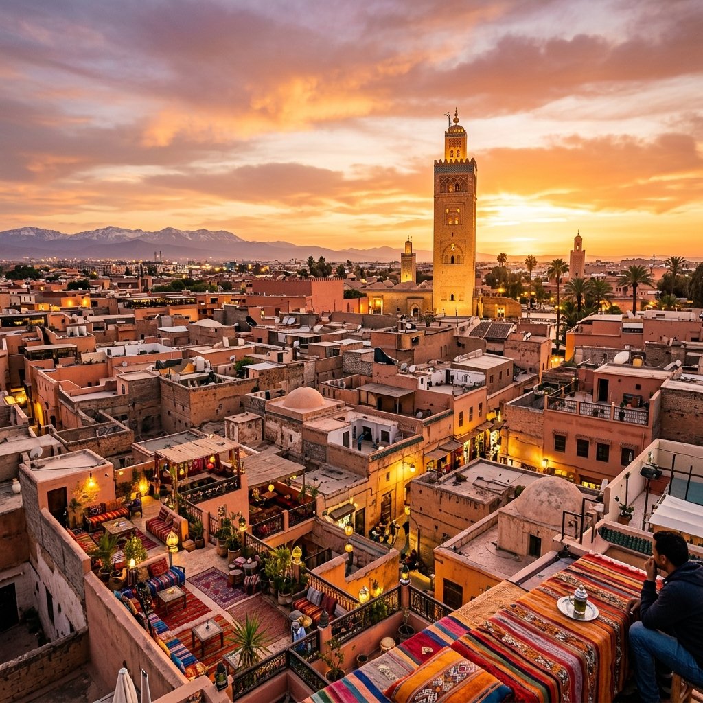 Dächer der Medina von Marrakesch und Koutoubia Moschee Marokko Reiseführer