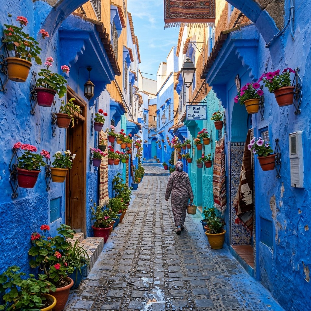 Cobblestone alleyway between blue-painted houses in the historic city of Chefchaouen Morocco at sunrise