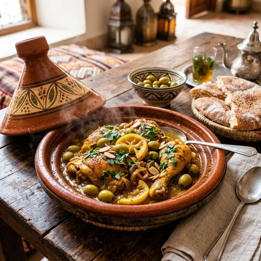 Dampfende traditionelle Hähnchen Tagine serviert mit Fladenbrot