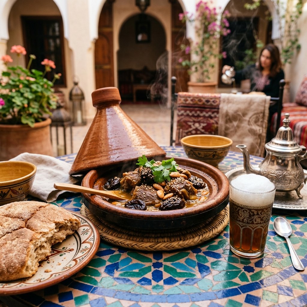 Steaming hot Moroccan lamb tagine with prunes and toasted almonds served with mint tea and flat bread