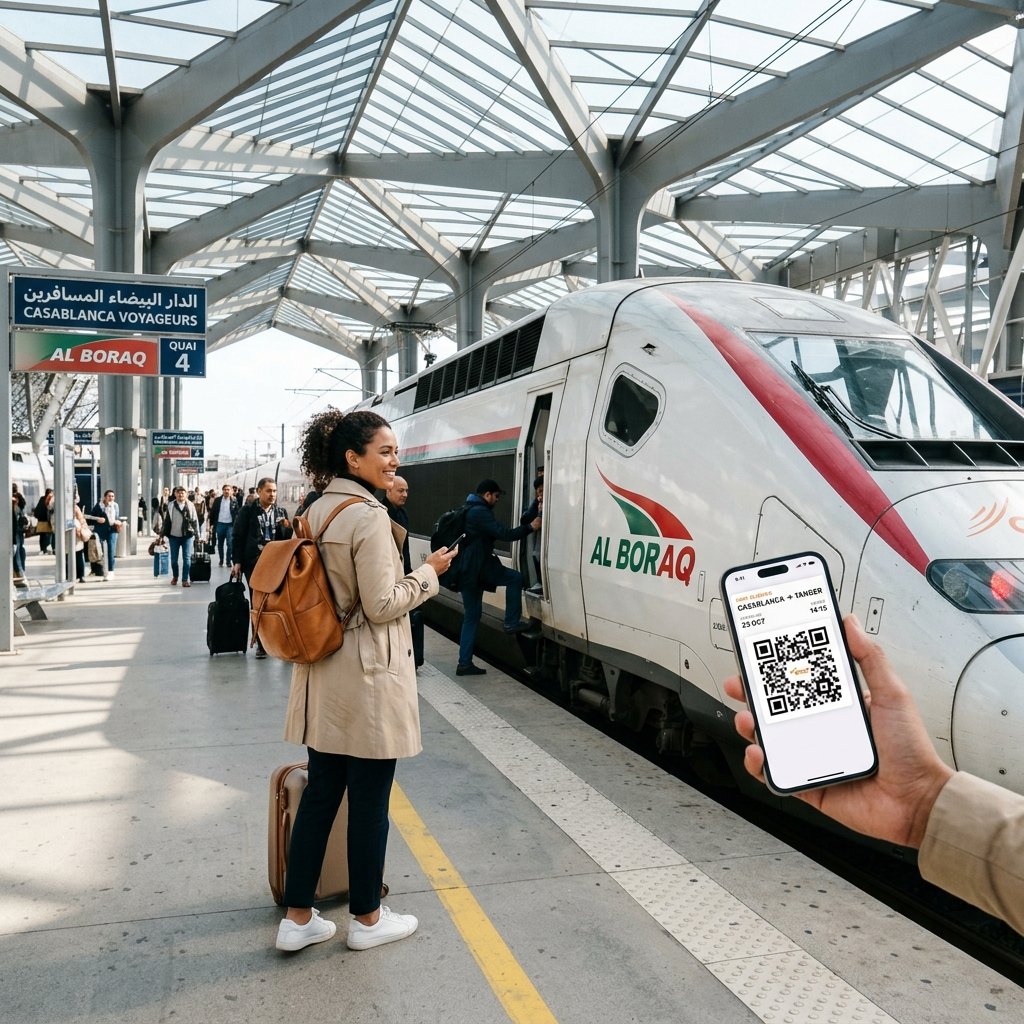 Al Boraq high-speed train in Casablanca station with traveler holding phone for boarding ticket scan