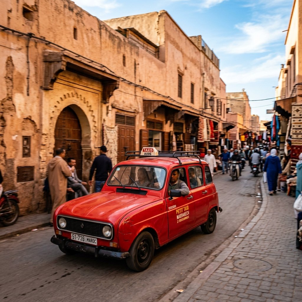 Rotes Petit Taxi fährt durch eine Strasse in Marrakesch Marokko