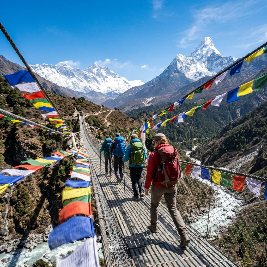 五彩の経幡が揺れるヒマラヤの吊り橋を渡る登山客ネパール
