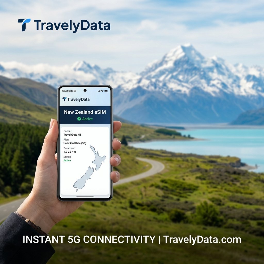 eSIM Datenvolumen und schneebedeckte Berge in Neuseeland