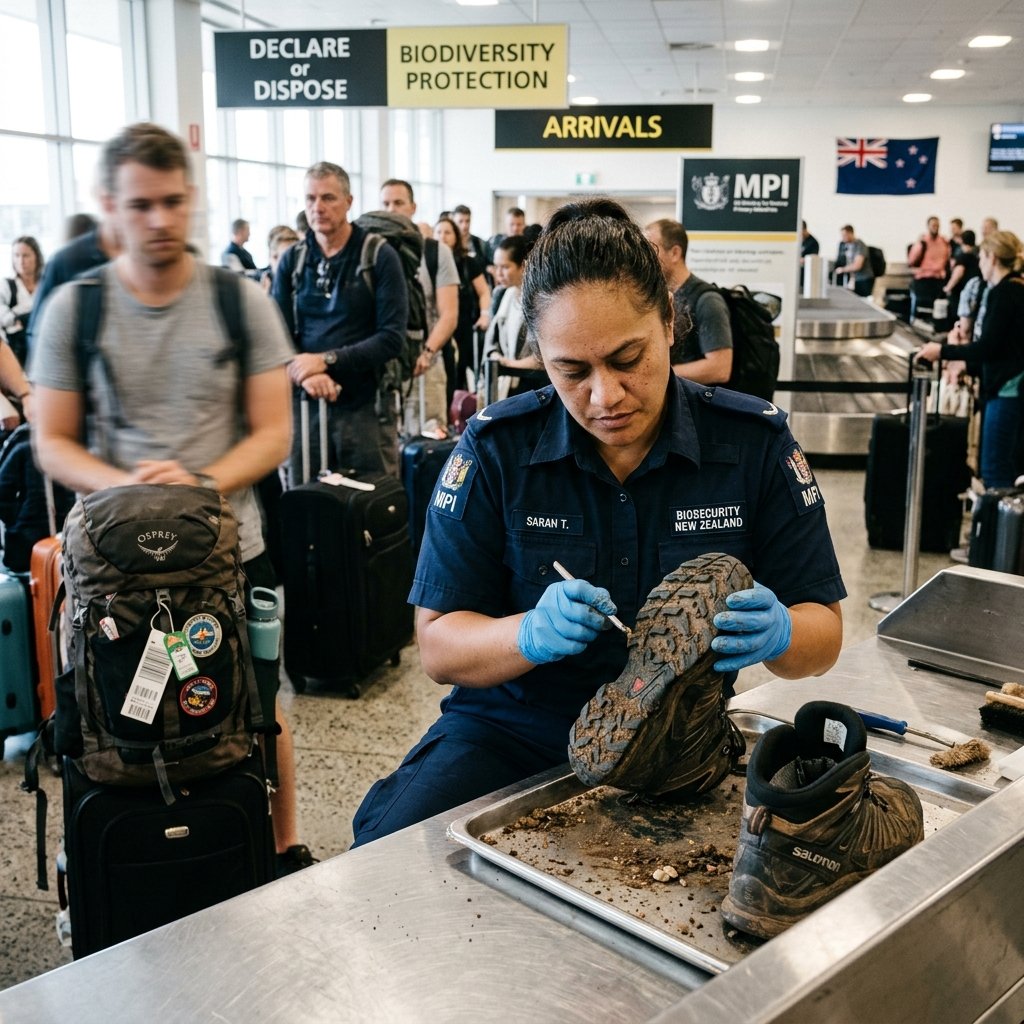 Biosicherheitsbeamter kontrolliert Wanderschuhe am Flughafen Neuseeland