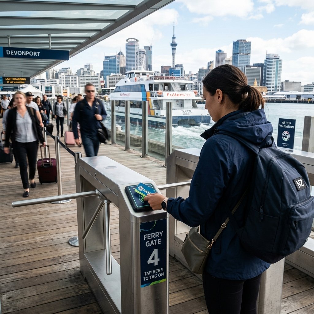Fahrgast scannt AT Hop-Karte am Fährhafen Auckland Neuseeland