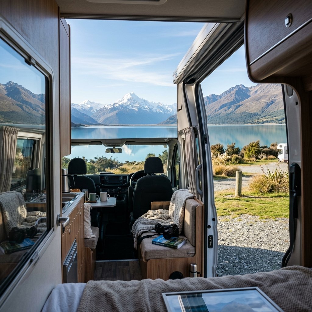 Vista interior de uma autocaravana moderna estacionada num parque de campismo panorâmico à beira de um lago sob montanhas na Nova Zelândia