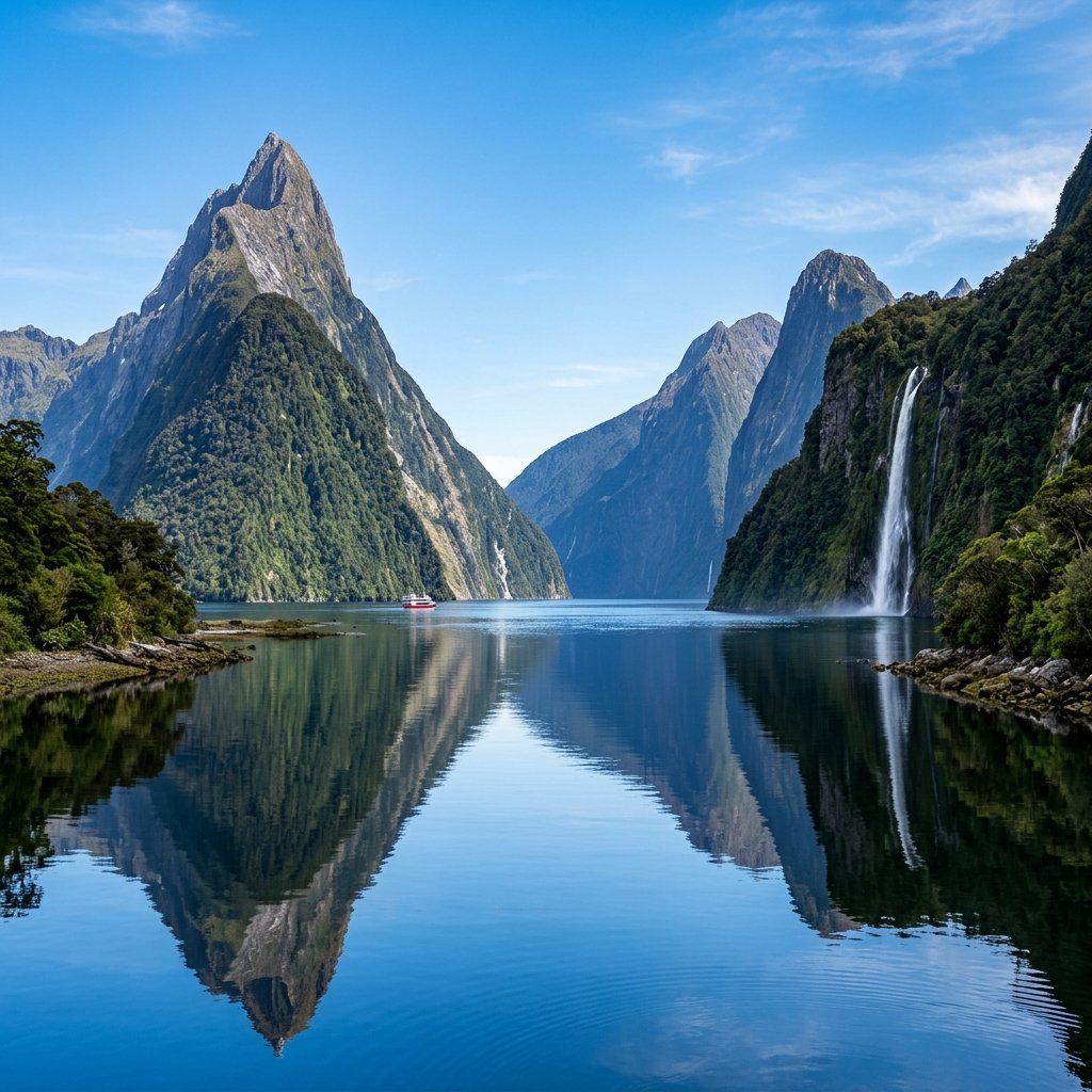 Uma vista panorâmica deslumbrante do fiorde Milford Sound com picos imponentes, cascatas e um céu azul claro na Nova Zelândia