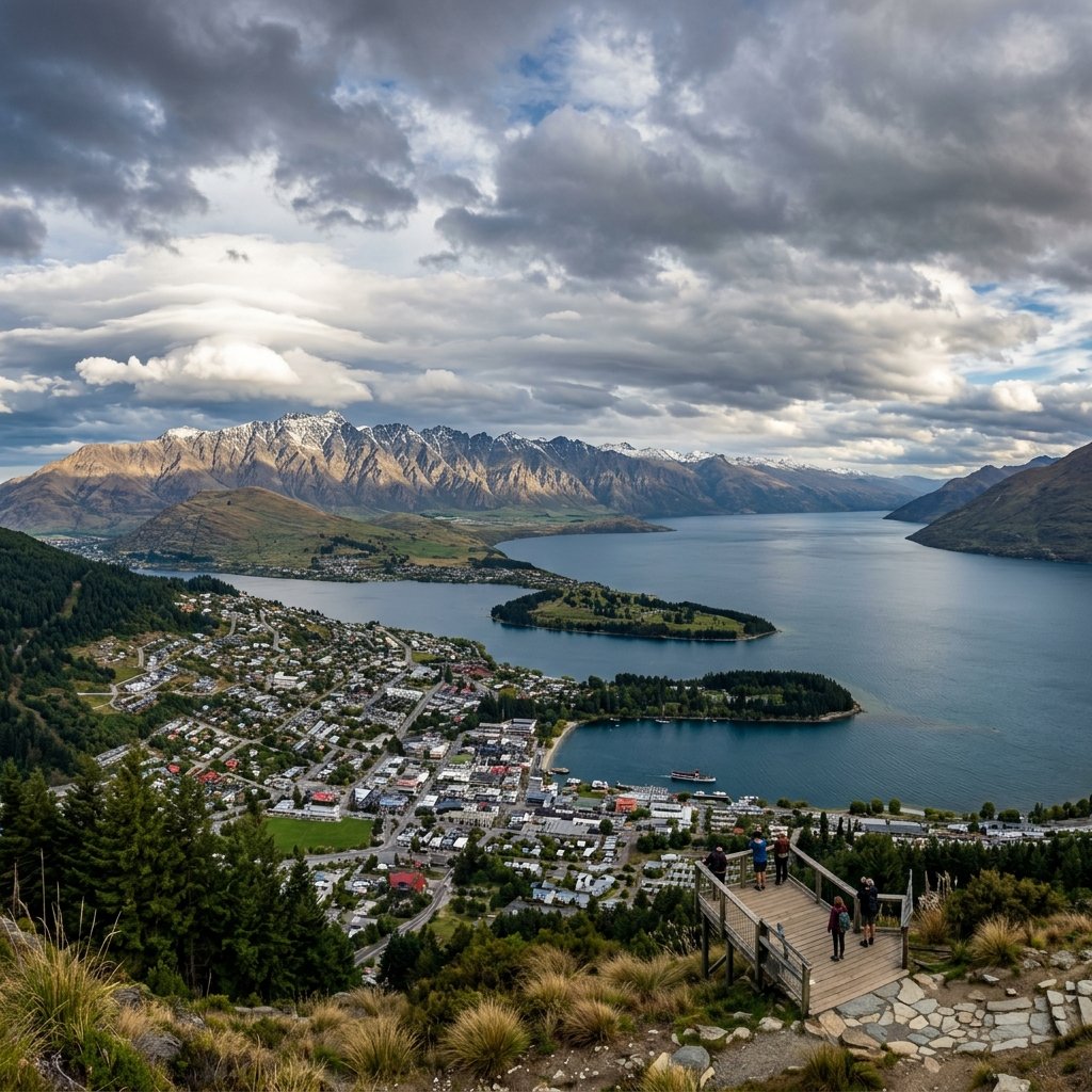 Uma vista panorâmica de Queenstown e do Lago Wakatipu sob nuvens dramáticas na Nova Zelândia