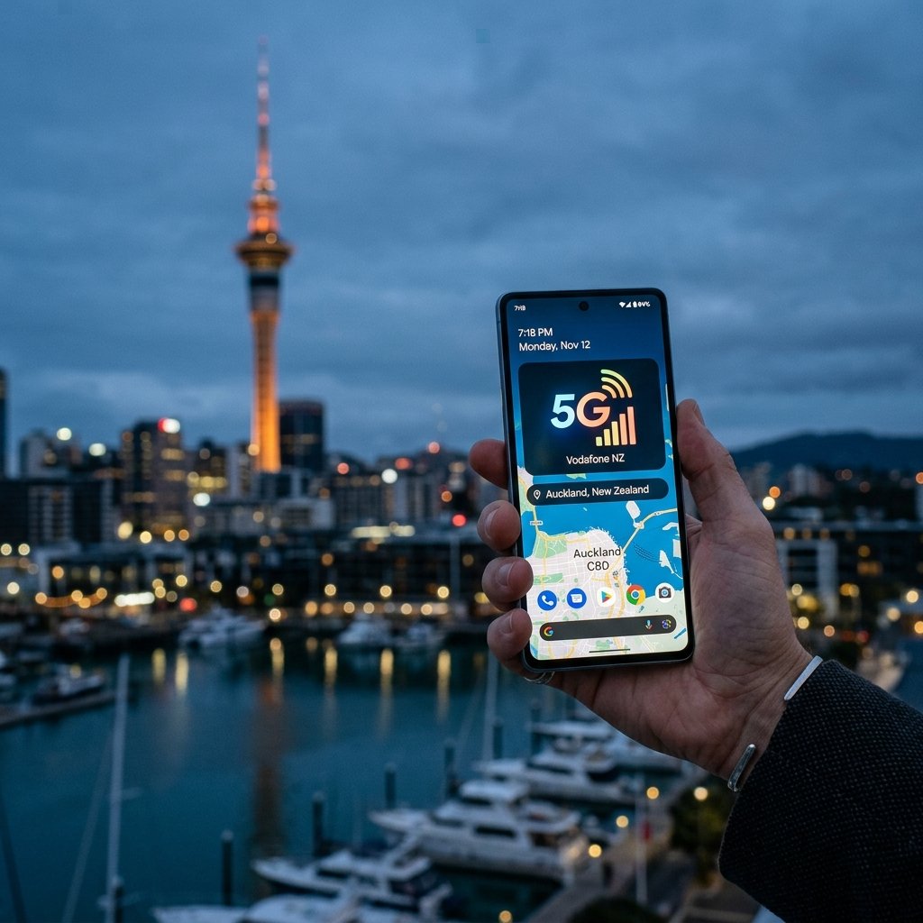 Um viajante a segurar um smartphone que mostra uma ligação 5G com a Auckland Sky Tower em fundo ao anoitecer na Nova Zelândia