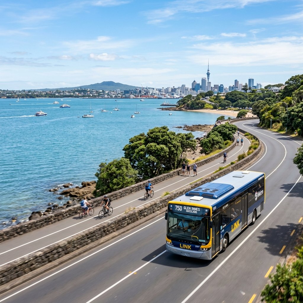 Um autocarro público moderno a circular numa estrada costeira panorâmica sob céus azuis em Auckland, Nova Zelândia