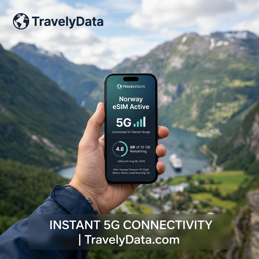 eSIM Datenverbindung und Fjord Landschaft in Norwegen