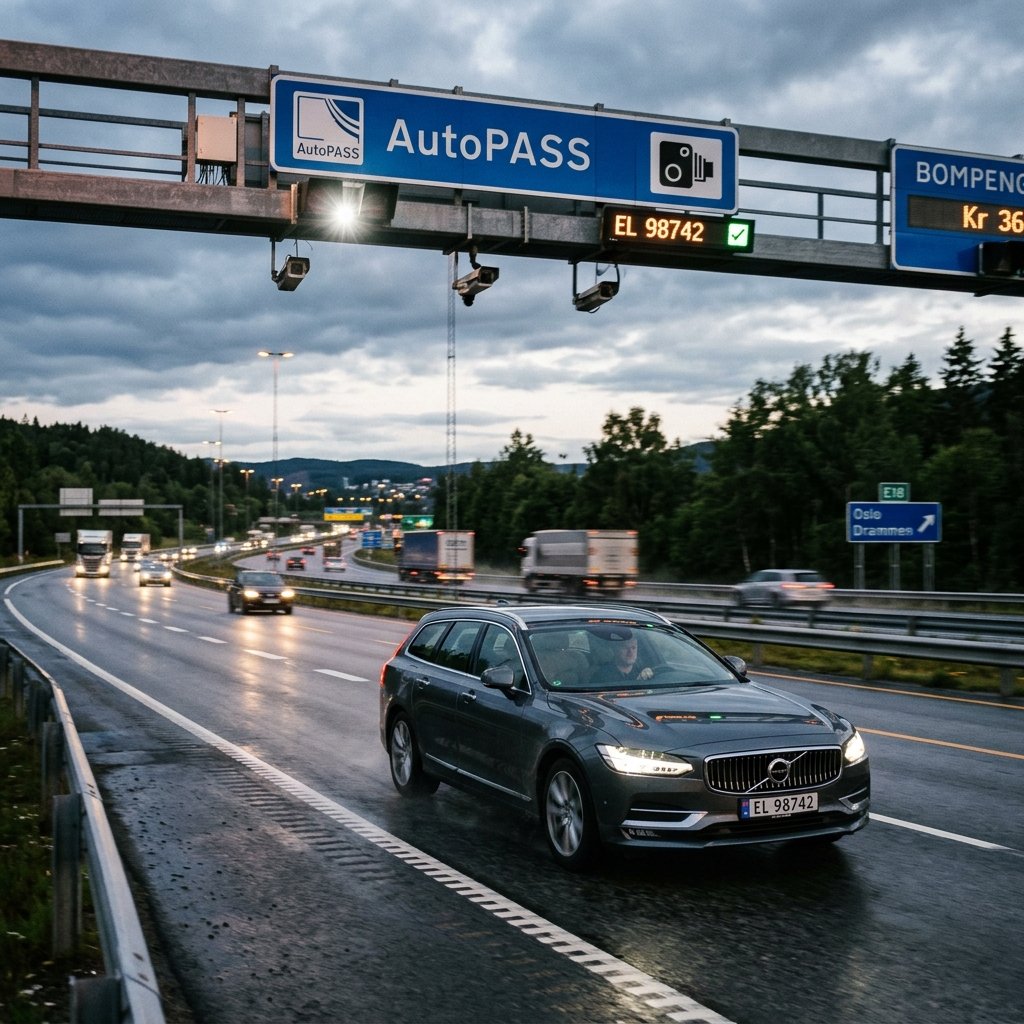 Auto faehrt durch ein automatisches elektronisches AutoPASS Mauttor Kamera Norwegen