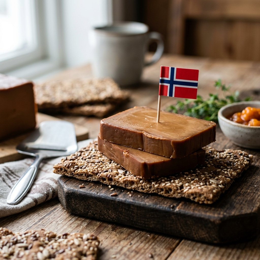 Traditioneller norwegischer brauner Ziegenkaese Brunost in Scheiben auf Knaeckebrot