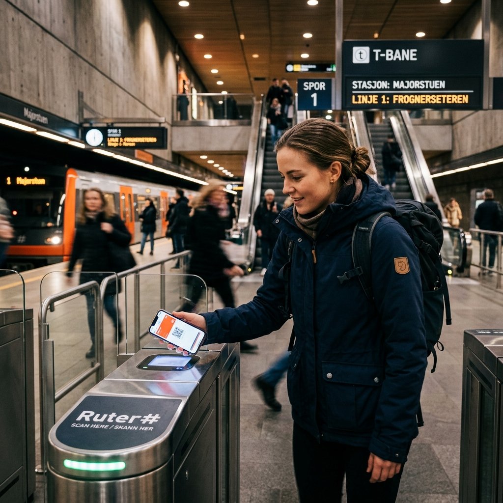 Fahrgast scannt Ticket mit Smartphone an einer Ruter U-Bahn-Station Oslo Norwegen