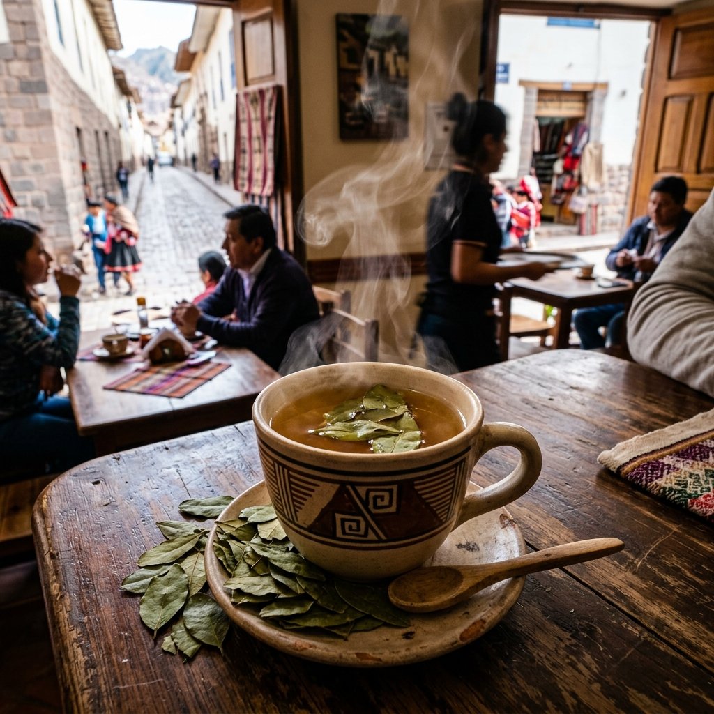 Taza caliente de mate de coca en Cusco Peru