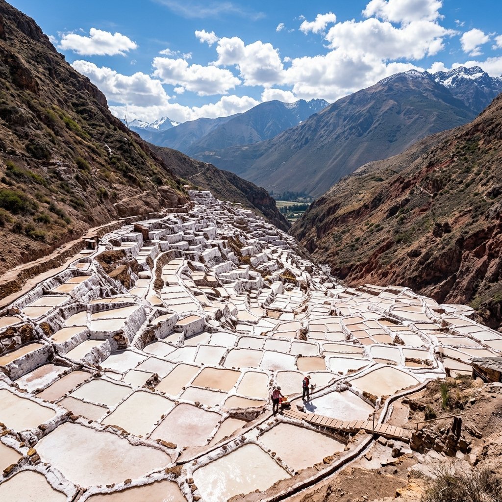 Terraced white and pink saltwater pools of the Maras Salt Mines in a canyon in the Sacred Valley Peru