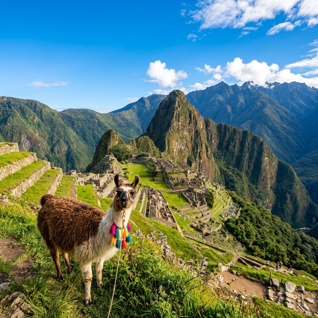 Llama mirando Machu Picchu Cusco Peru guia de viaje