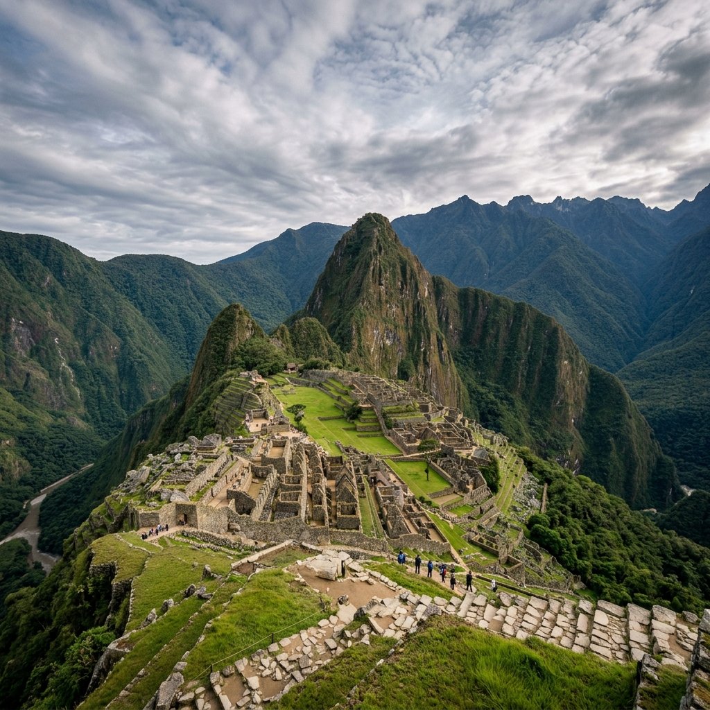 The ancient Inca citadel of Machu Picchu on a mountain ridge surrounded by green peaks in Peru