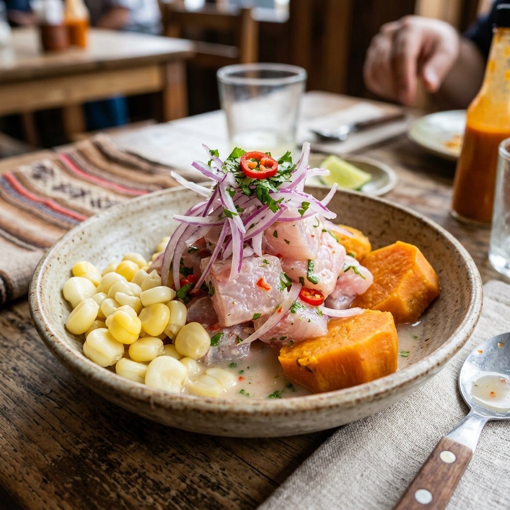 Ceviche peruano con cebolla roja choclo maiz y camote